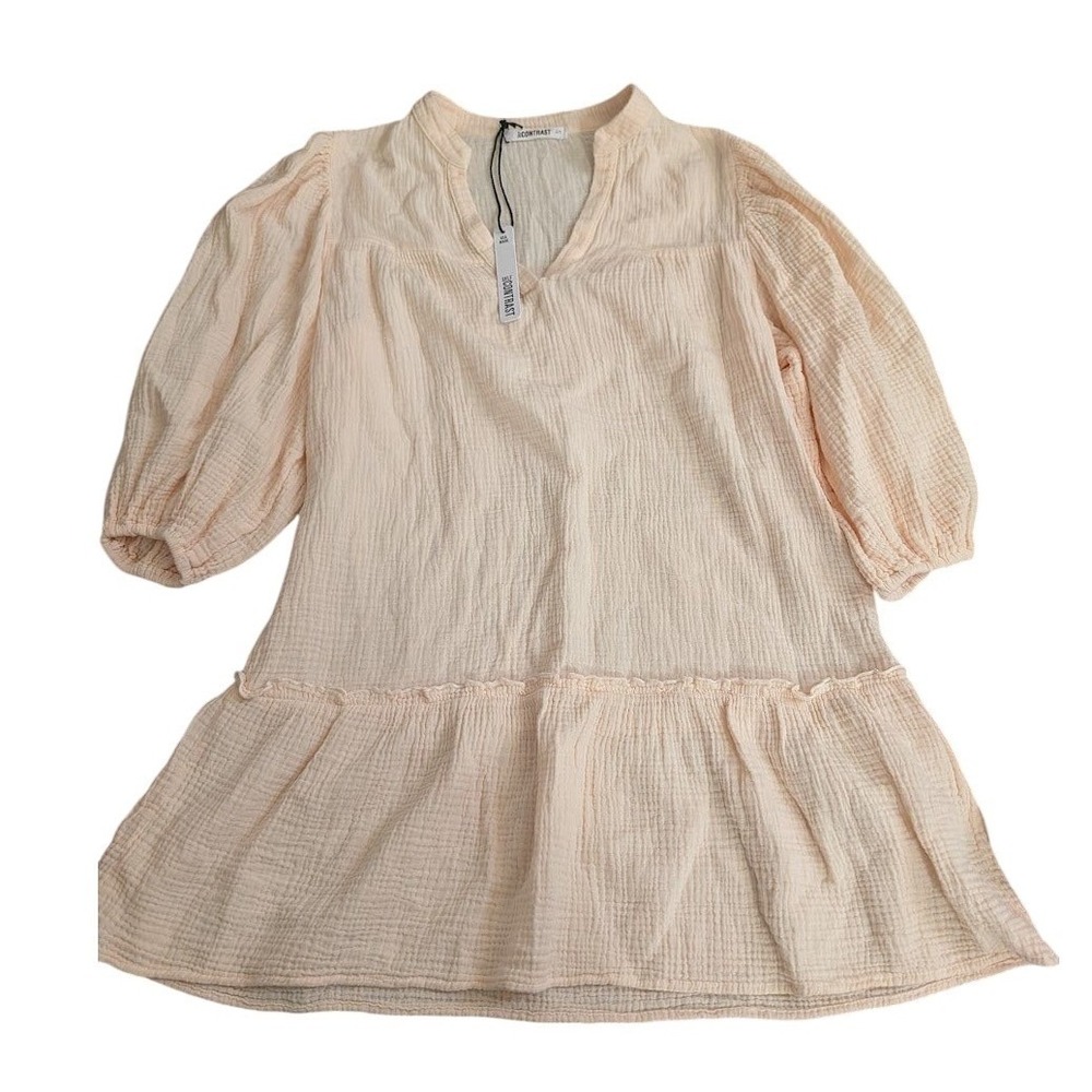 SELF CONTRAST Women's Peach 100% Cotton Gauze V‎ Neck Tiered Dress Size S NEW